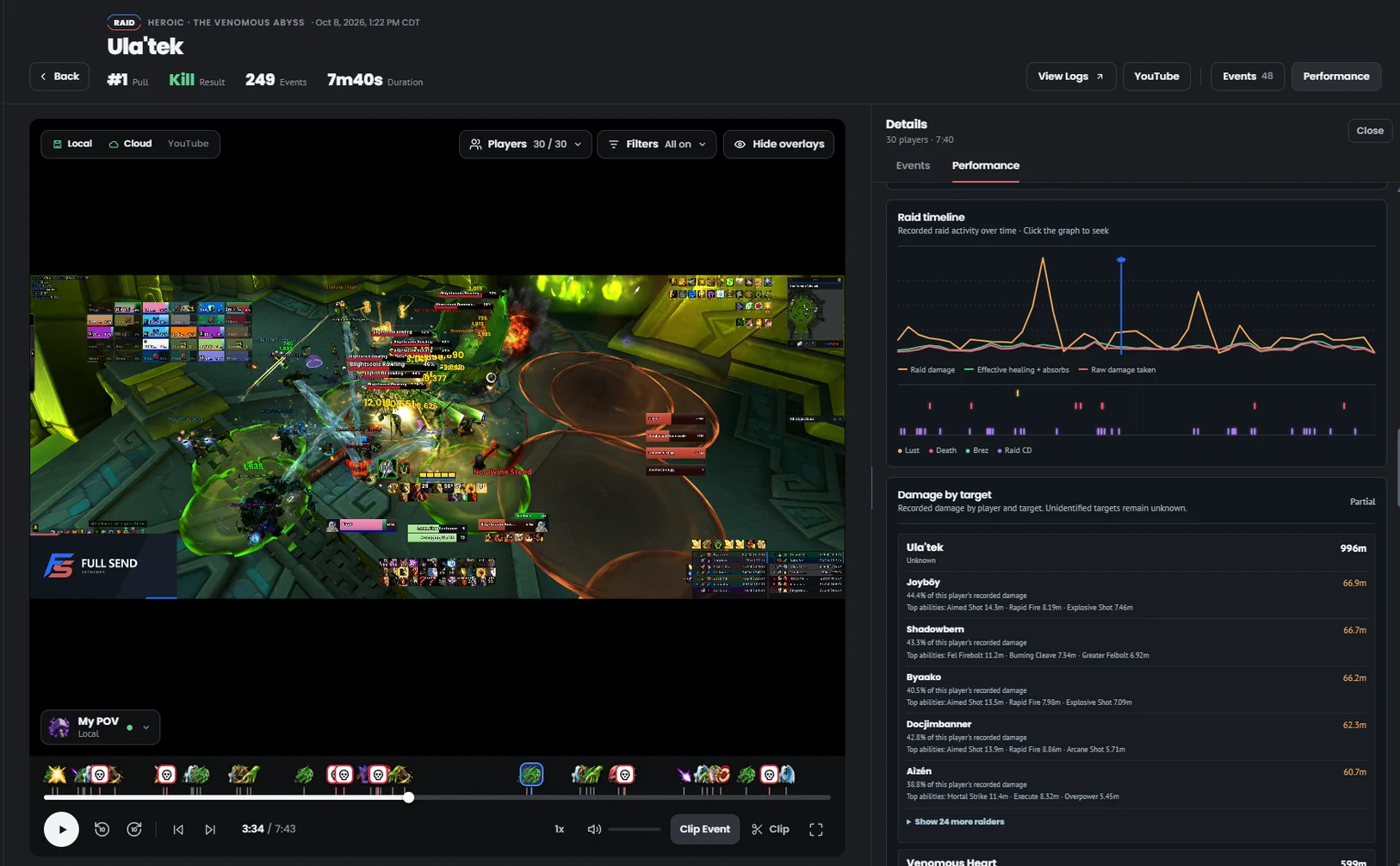 A Heroic Ula'tek kill in playback with the raid timeline and damage by target