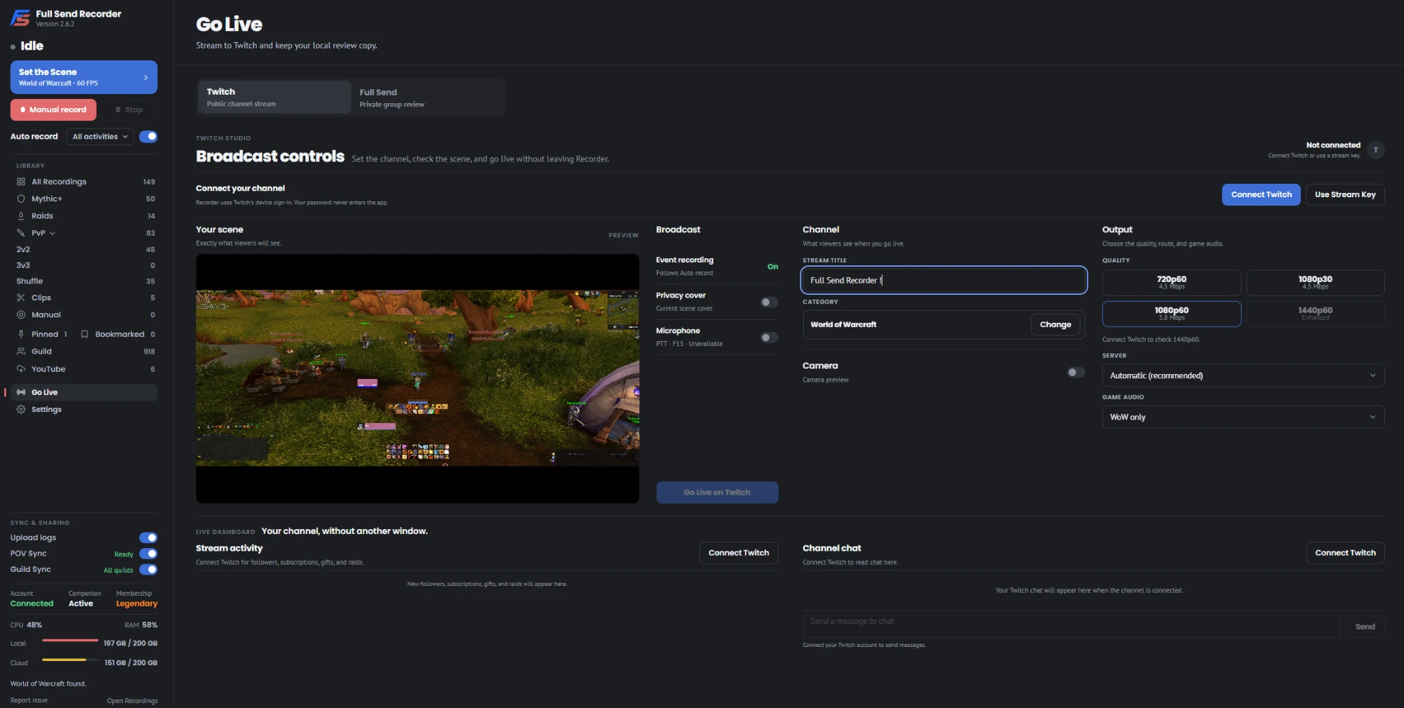 Recorder's Go Live page with the scene preview, broadcast, channel, output, and chat panels